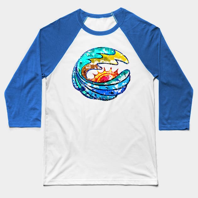 Island Expression with Big Surf Waves Morning Sun Retro Illustration Baseball T-Shirt by GeeTee